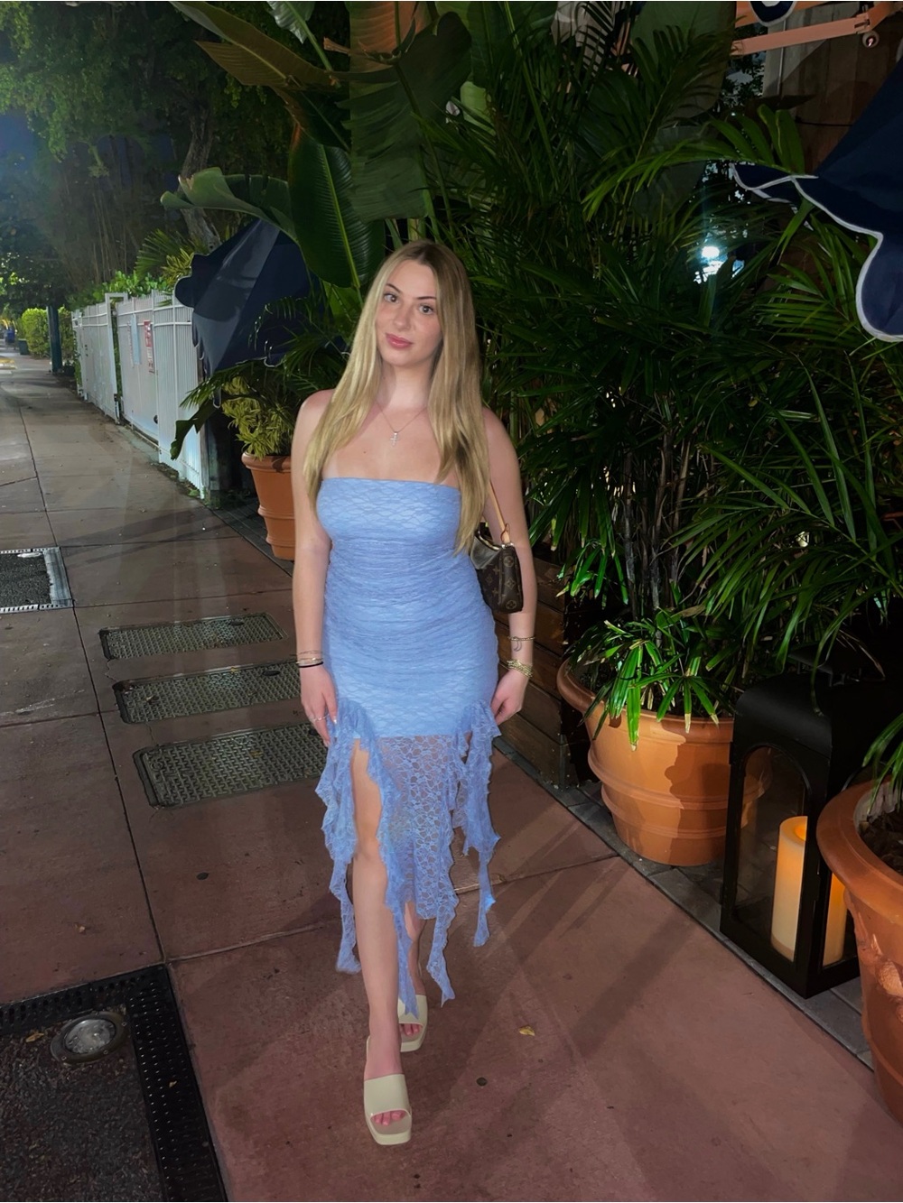 Strapless Light Blue Lace Fringe Mini Dress